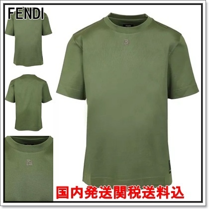 国内発 FENDI ロゴグリーンコットンクルーネック半袖Tシャツ