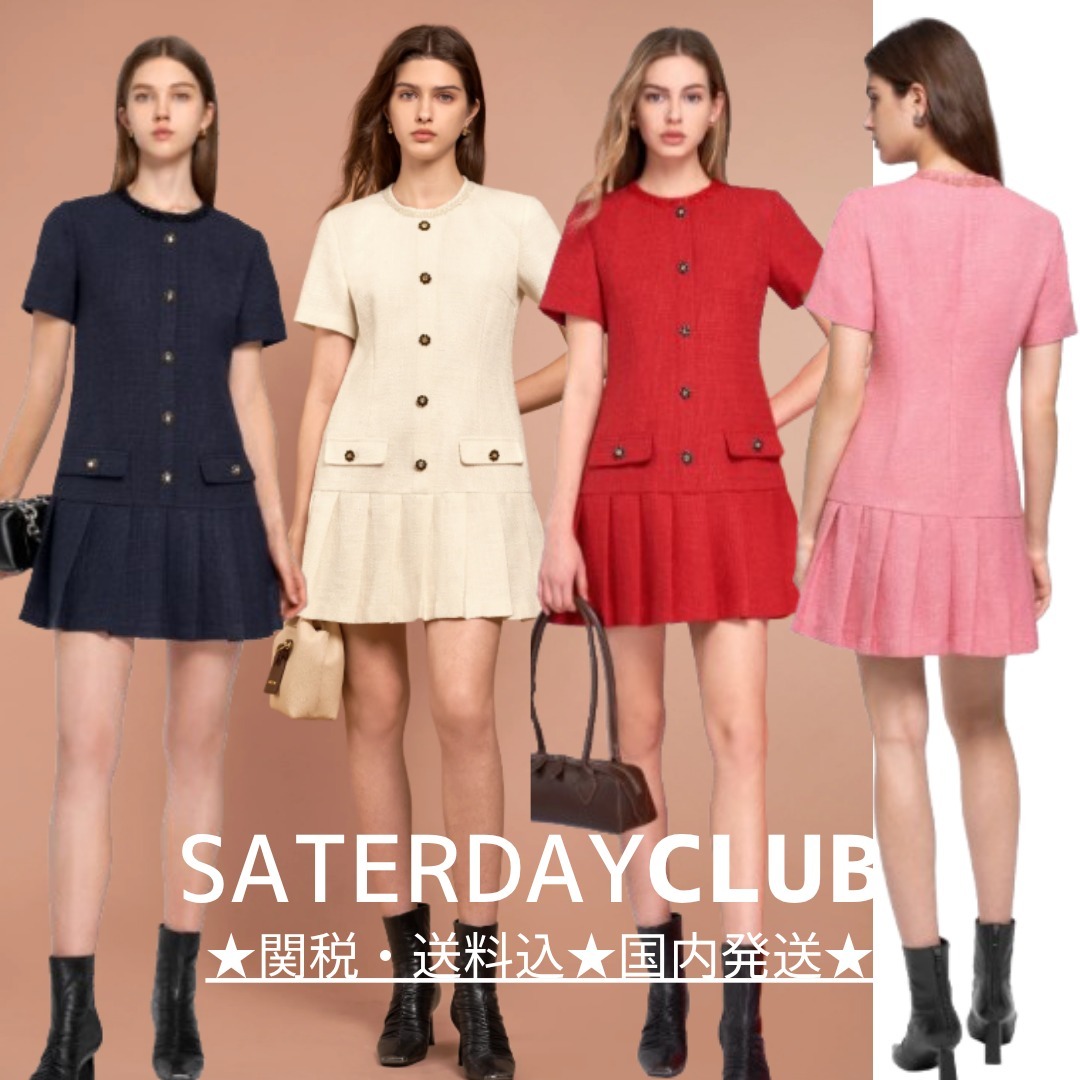 【SaturdayClub】半袖ツイード プリーツ上品ミニワンピ 人気！