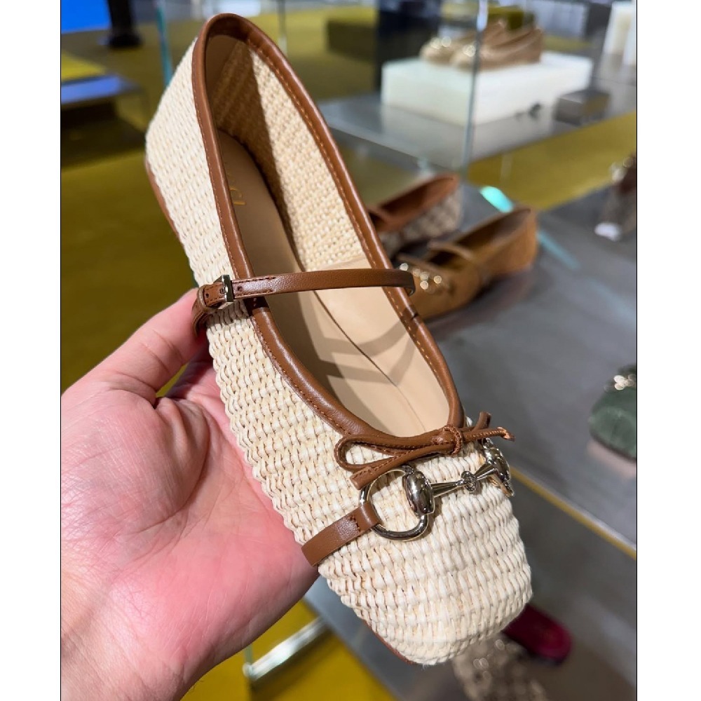 【GUCCI】グッチ ホースビット バレエフラットシューズ ラフィア