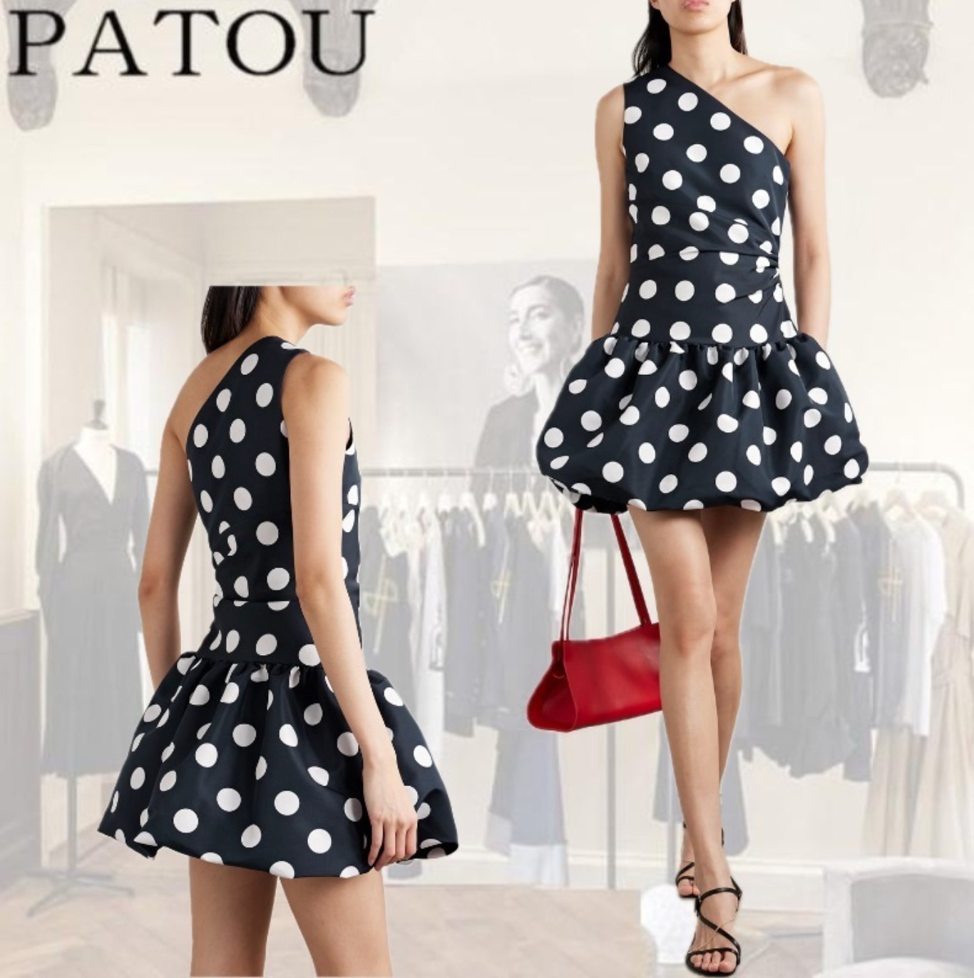 【PATOU】ワンショルダー ポルカドット ミニドレス
