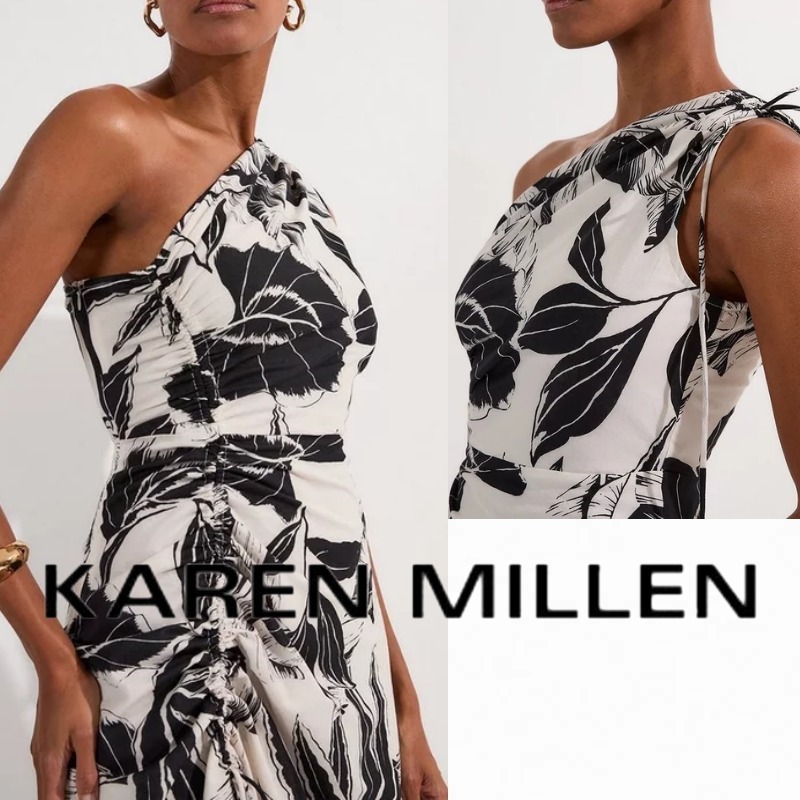 【KAREN MILLEN】パームボーダー ワンショルダー ミディドレス