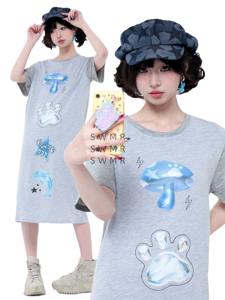 ワンピース Hashtag DDD Casual Cotton Gray Short Sleeve T-Shirt Dress