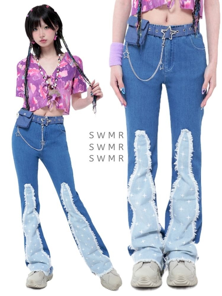 デニム・ジーパン Hashtag DDD Stretch Flare Star Spliced Raw Edge Jeans