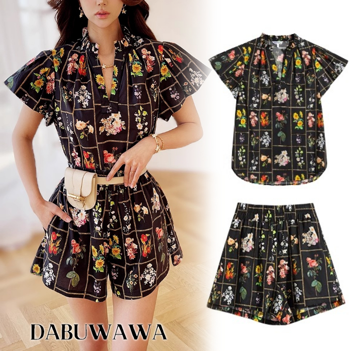 国内発送/新作☆DABUWAWA☆Vネックトップ ショーツ セットアップ