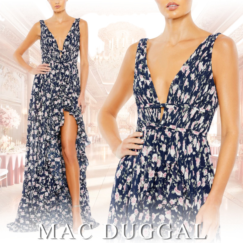 MAC DUGGAL フローラルプリント ノースリーブ ドレス