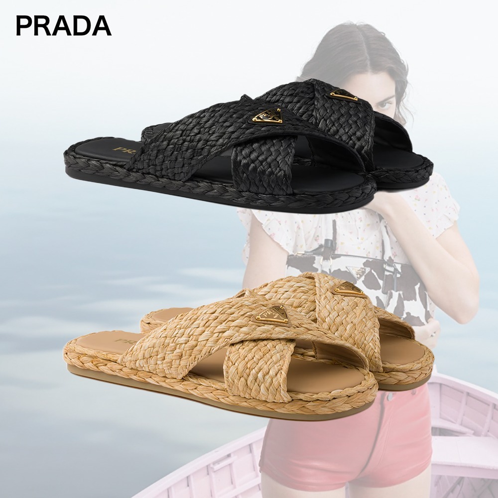 【希少】PRADA ロゴ ラフィア ラバーソール クロススライド 2色