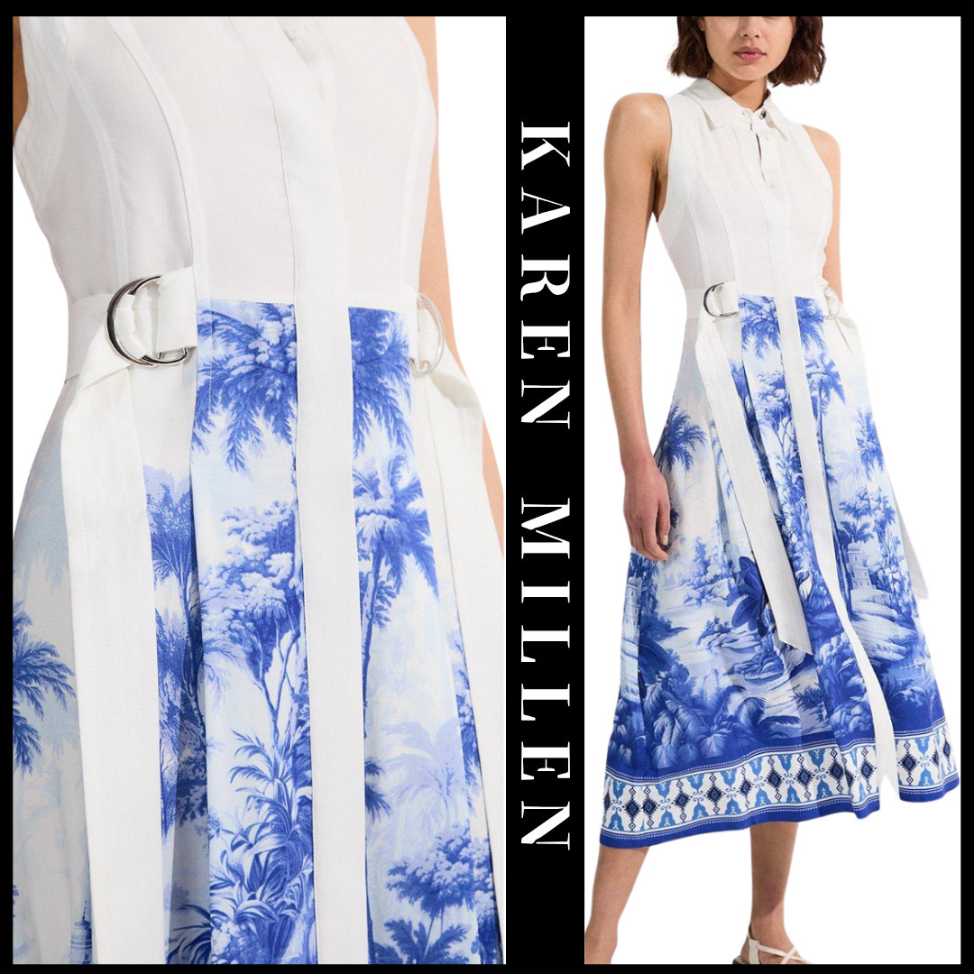 KAREN MILLEN 日本未入荷 リネン プリント ベルト ミディドレス