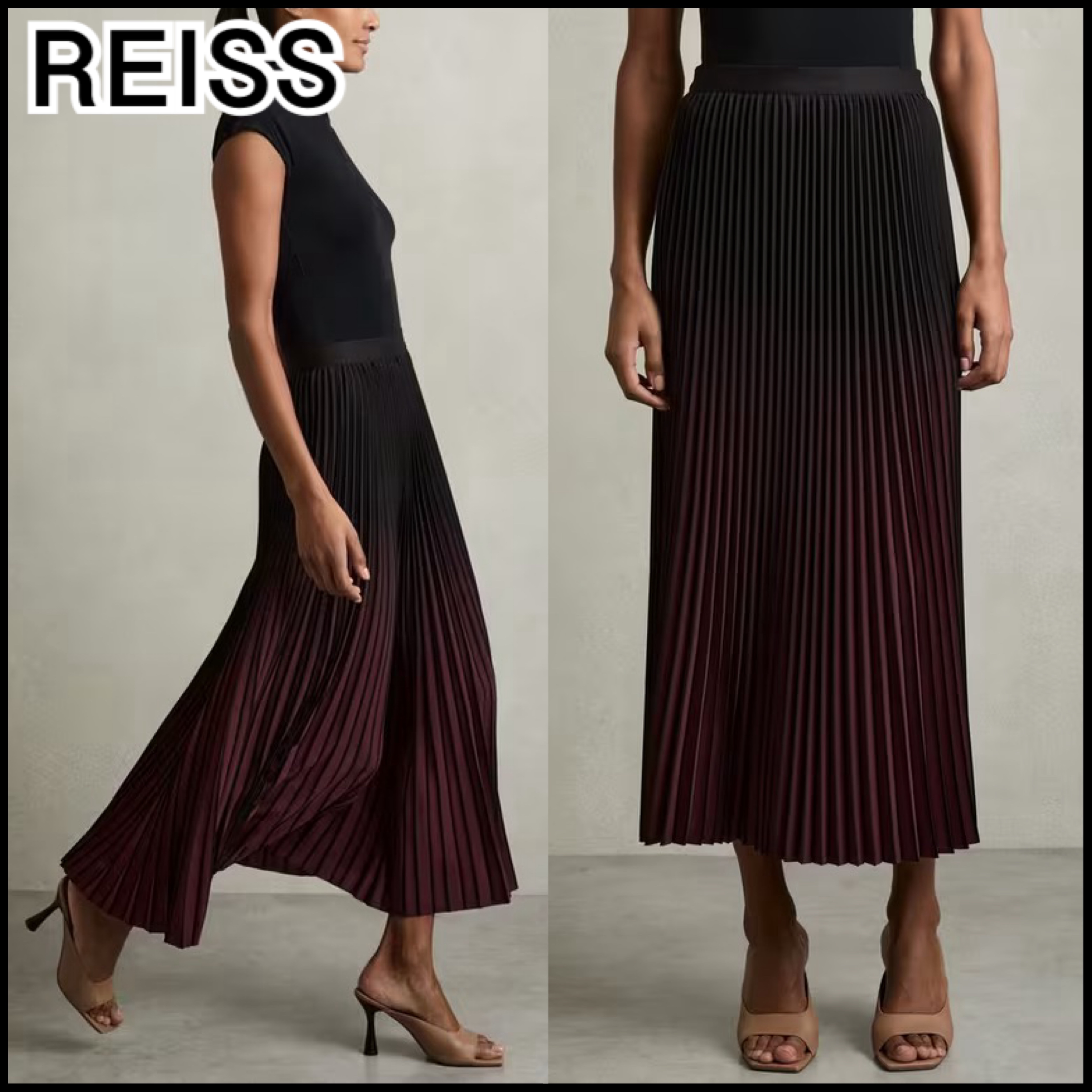 【REISS】Marlie プリーツマキシスカート バーガンディ/ブラック