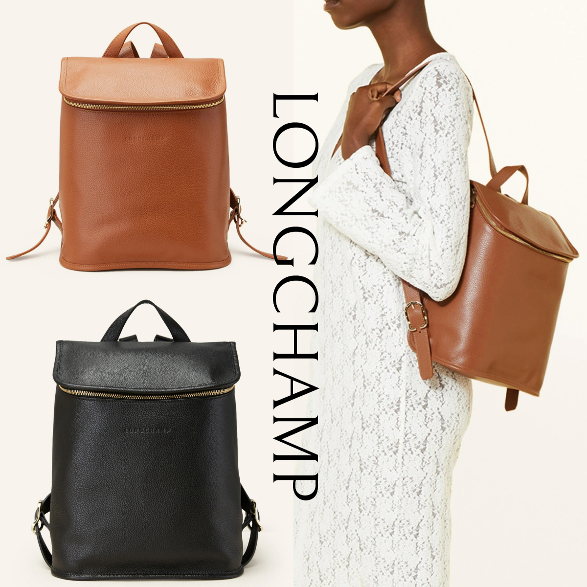 LONGCHAMP*FOULONNE レザー エンボスロゴ リュック ２色