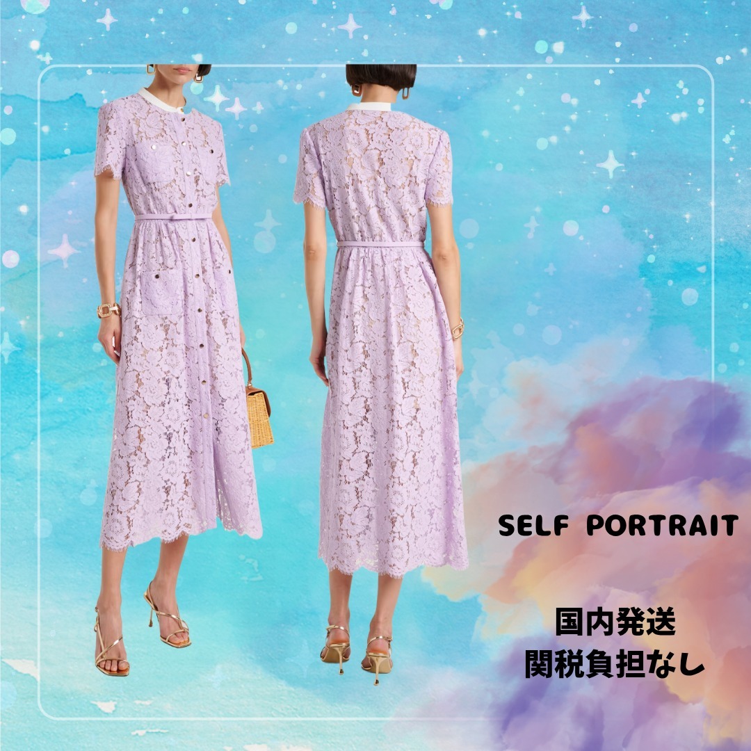 送・関税負担なし SELF PORTRAIT ベルト付きレースミディドレス