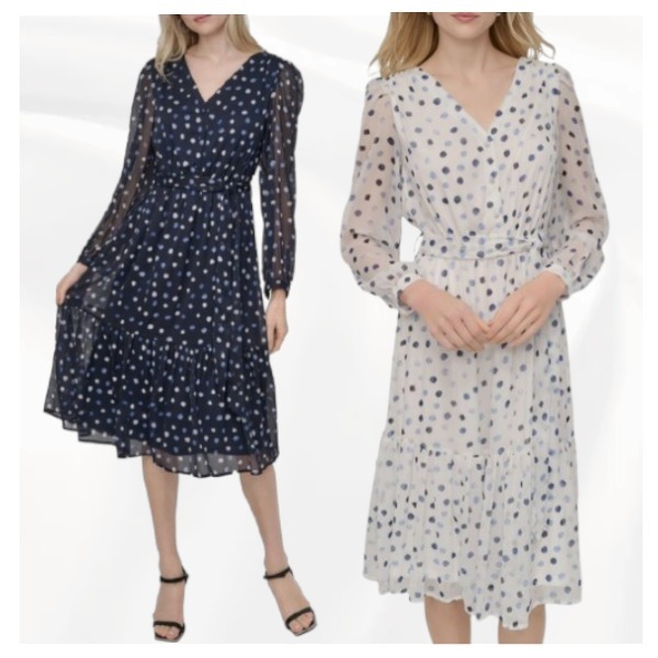 DKNY ★ クラシック 上品な印象 ドット柄 Aライン ミディドレス