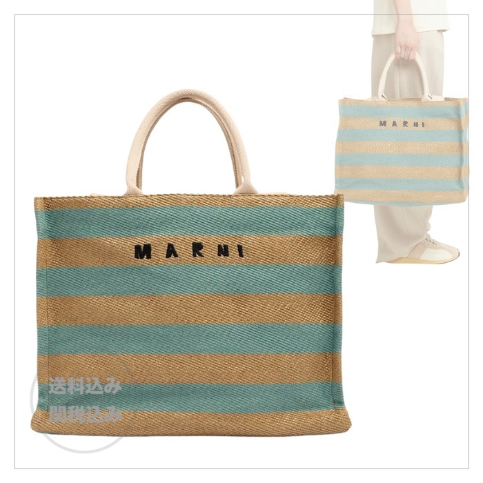 【MARNI】East-West ラフィア ロゴ ストライプ トートバッグ