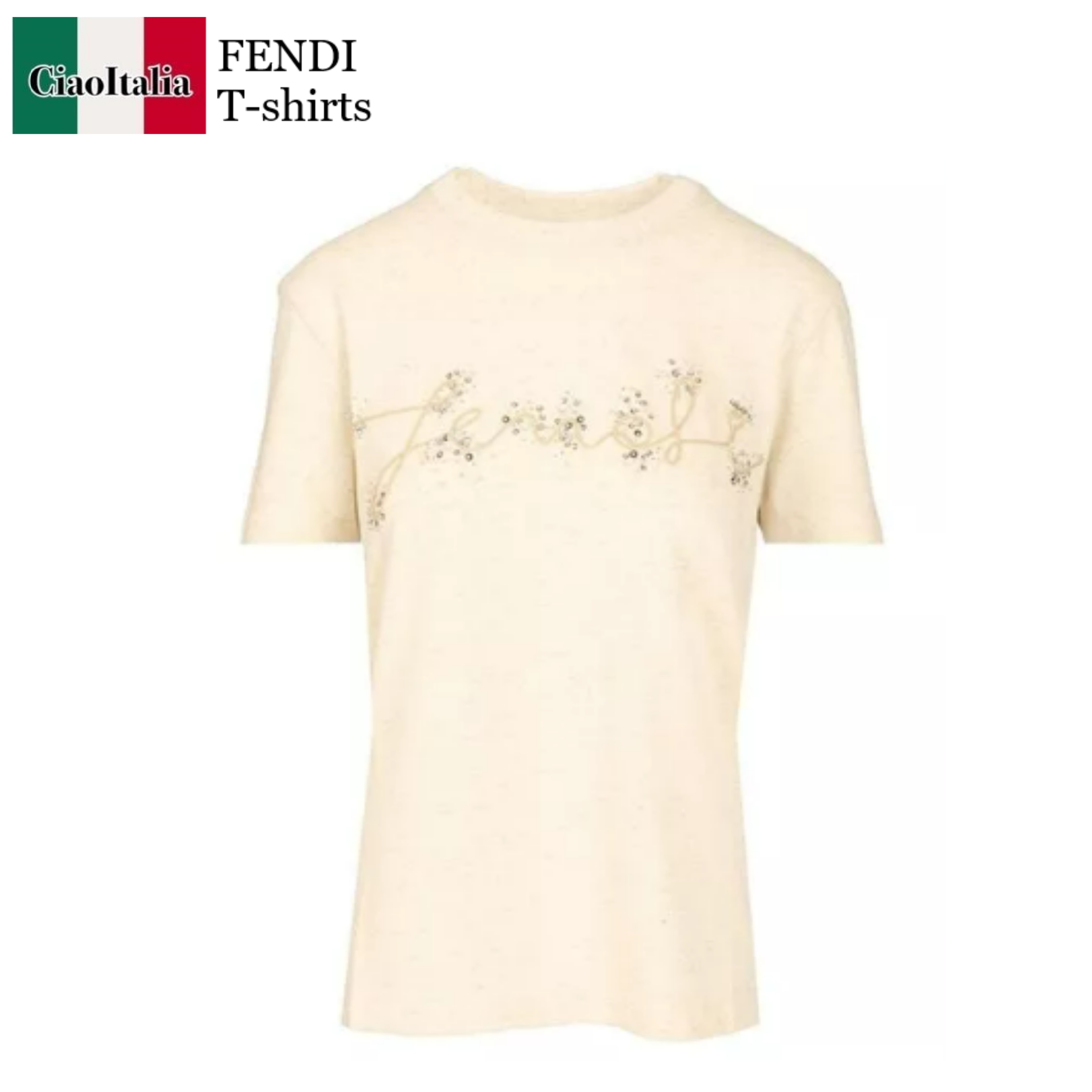 Tシャツ・カットソー Fendi Decorazioni In Paillettes Bianco Sporco Maniche Corte