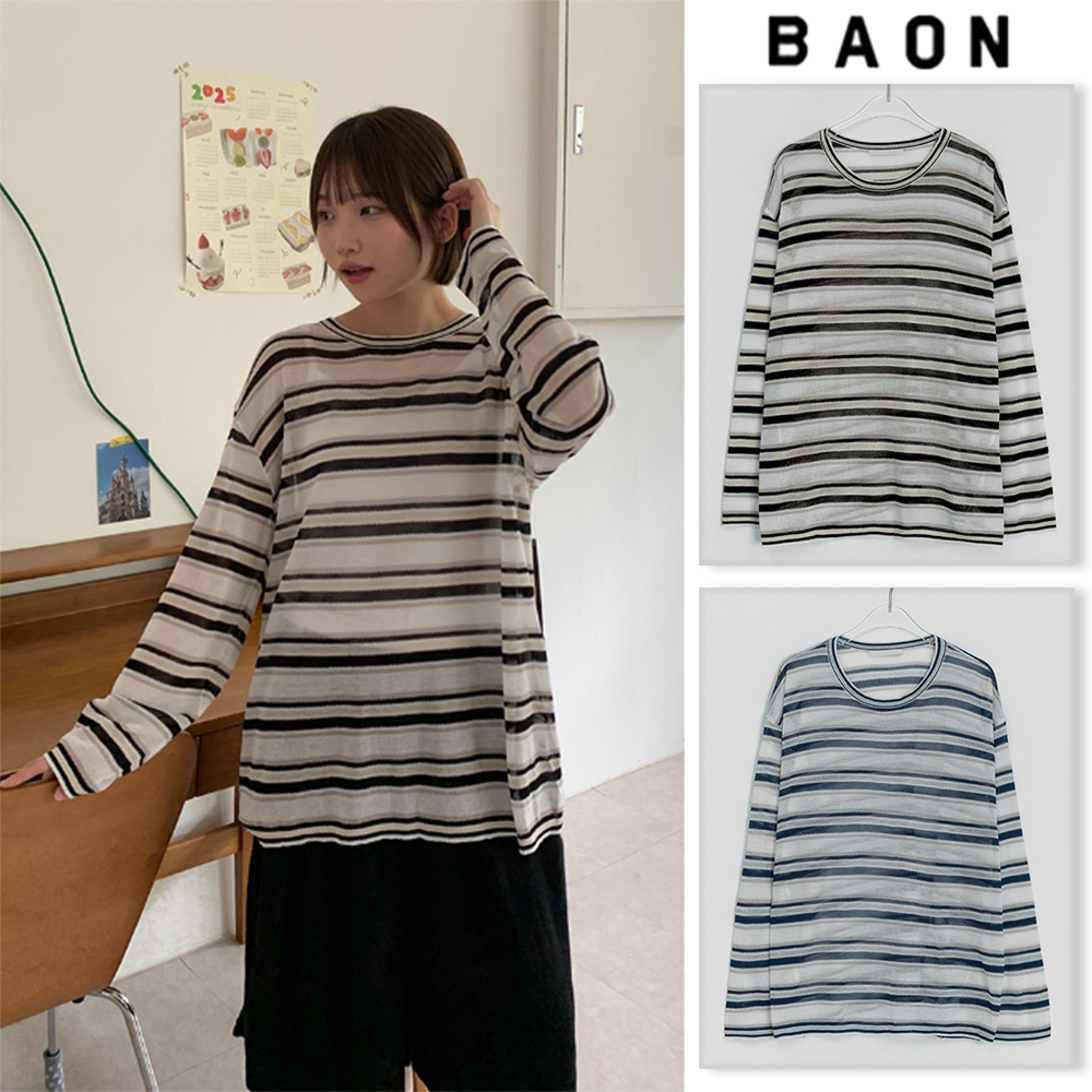 【BAON】Ronmade Linen Stripe Long Sleeve Tee