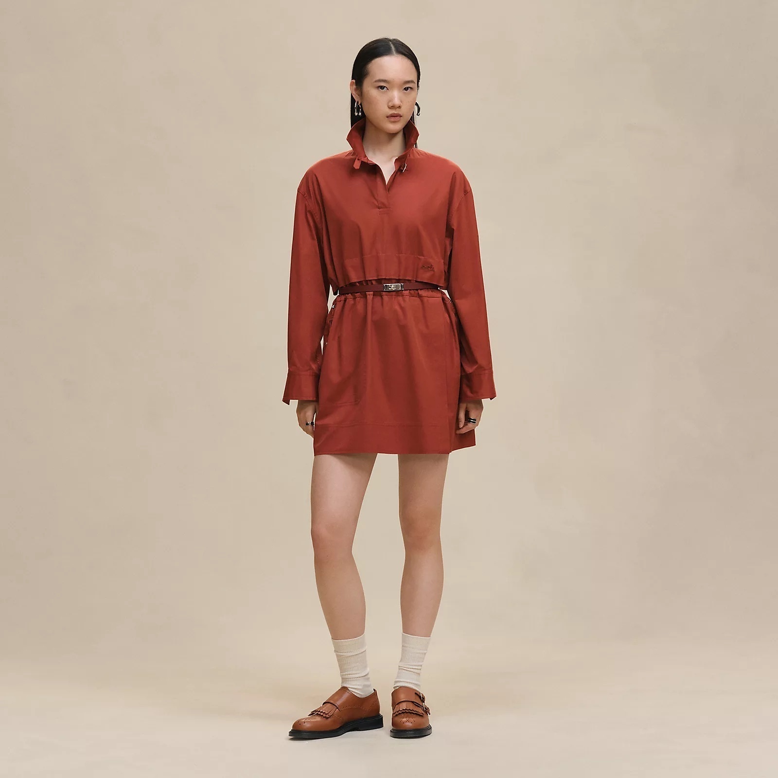 25AW☆HERMES★《ポロ風ドレス》コットンツイル ルージュ