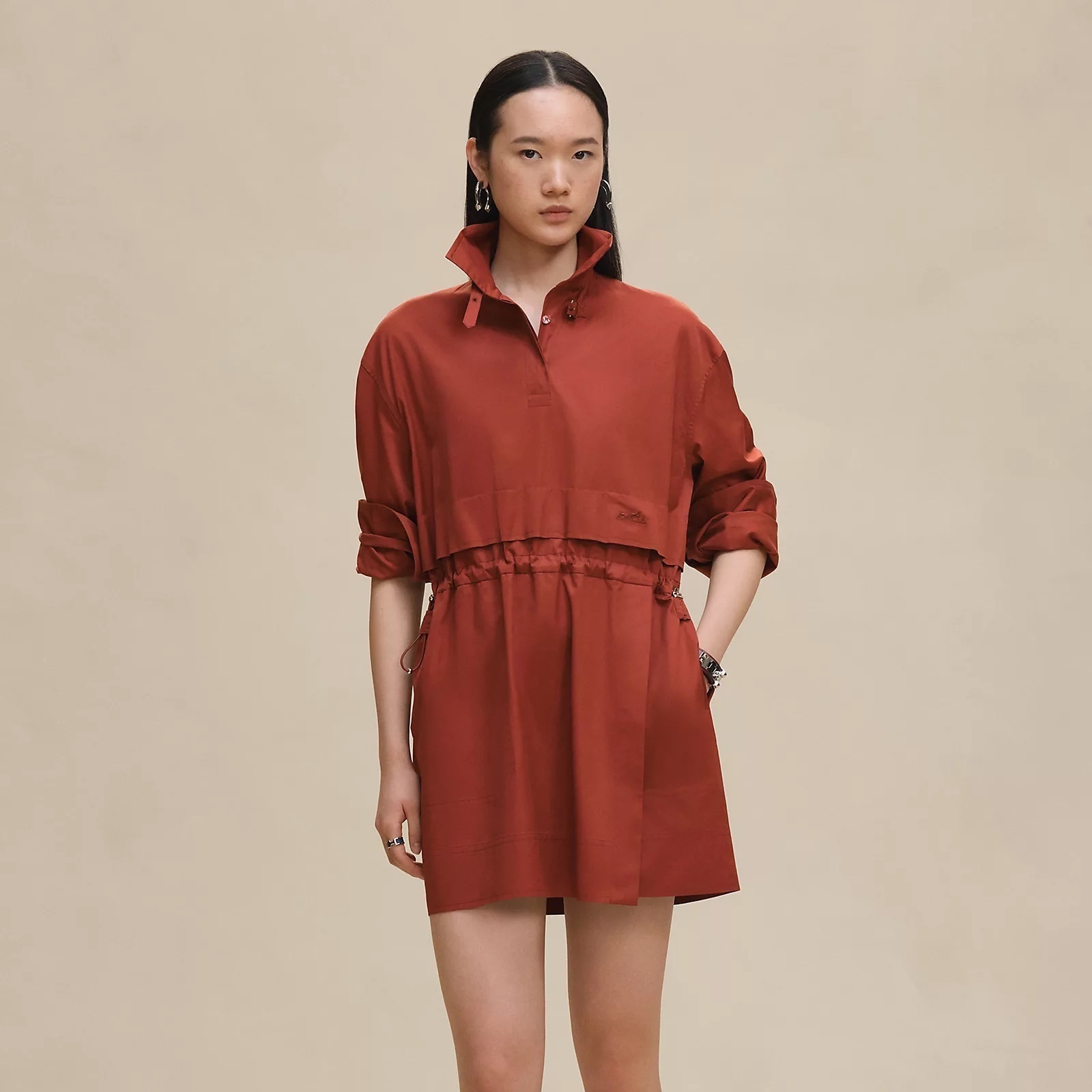 25AW☆HERMES★《ポロ風ドレス》コットンツイル ルージュ