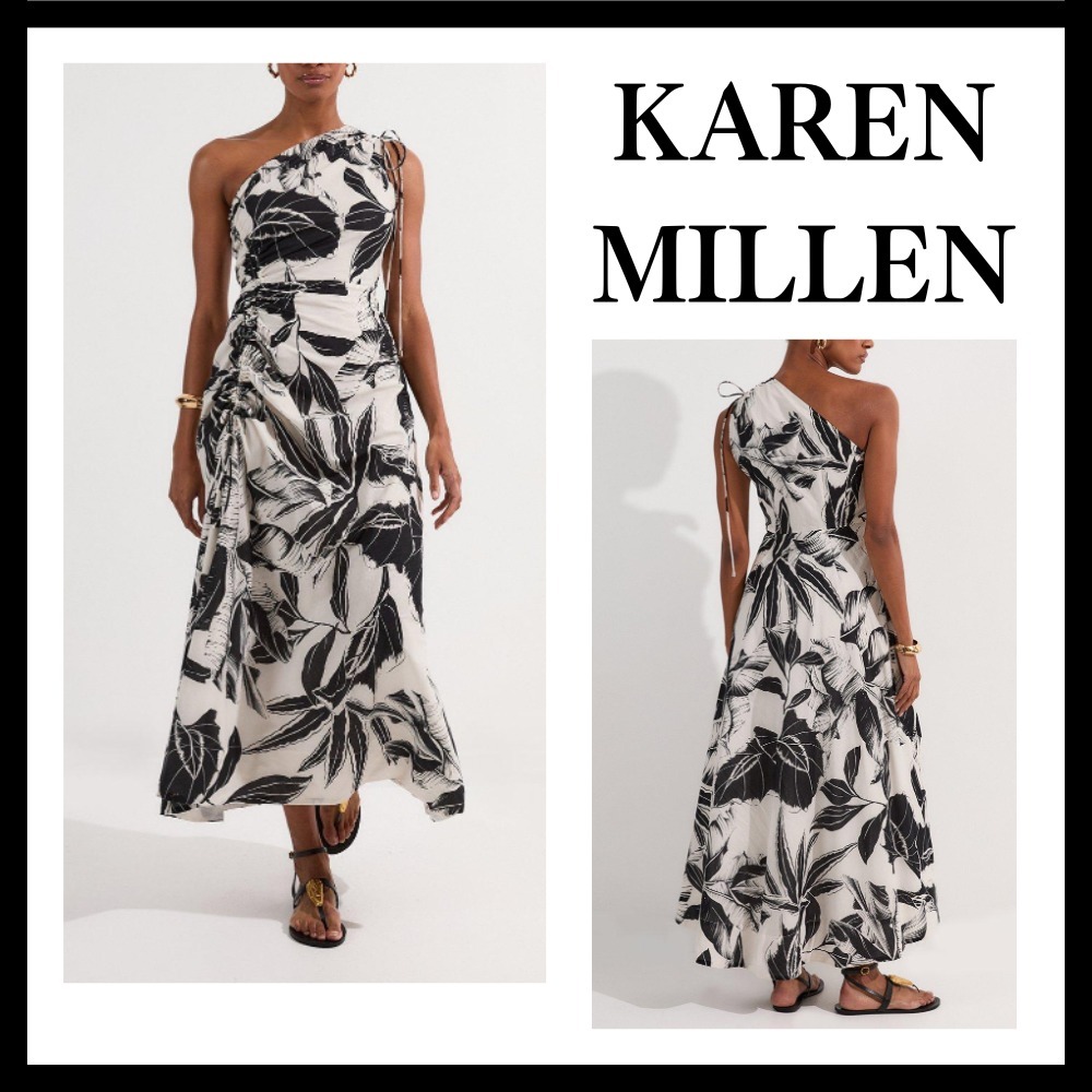 ◆KAREN MILLEN◆ パームボーダープリントワンショルダードレス