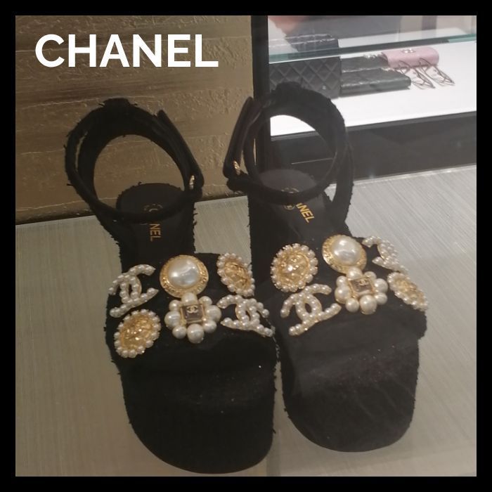 【CHANEL】シャネル サンダル ツイード 厚底 ビジュー パール