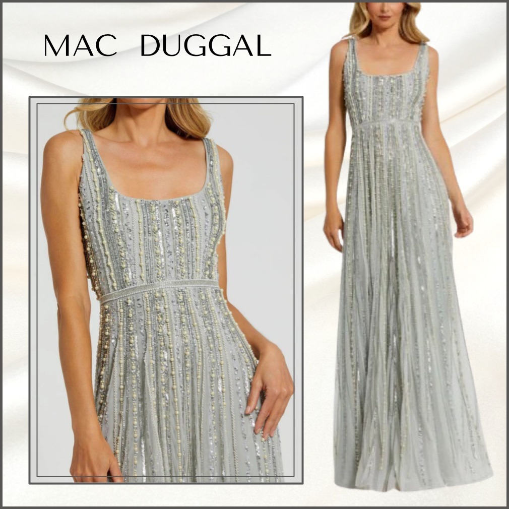 関税送料込【MAC DUGGAL】ロングワンピース パールビーズ ブルー