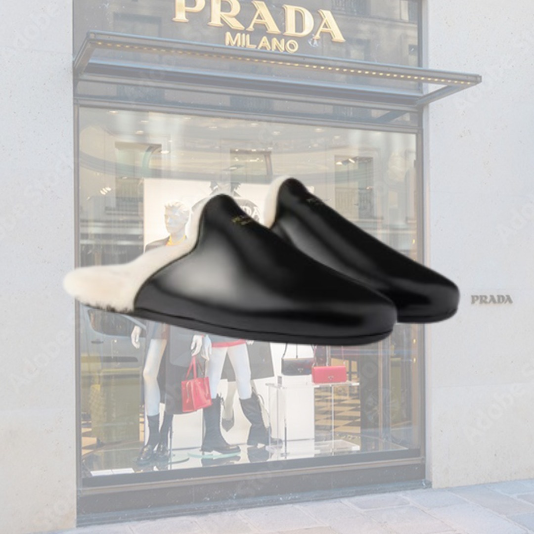 PRADA ブラッシュドレザーとシアリングのミュール