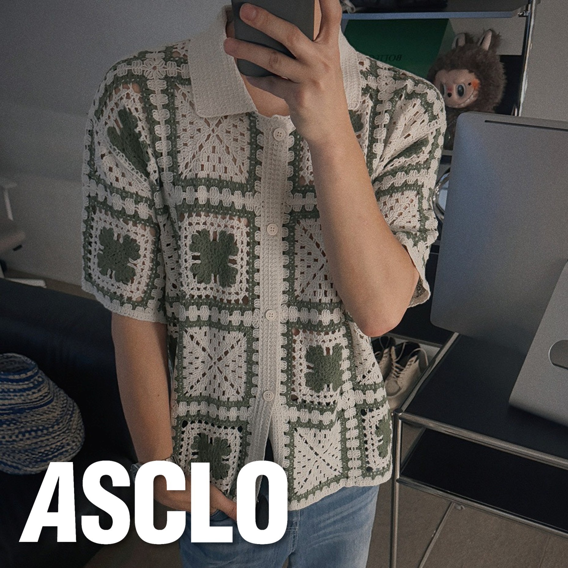 カーディガン ASCLO Clover Crochet Short Sleeve Cardigan (2color)