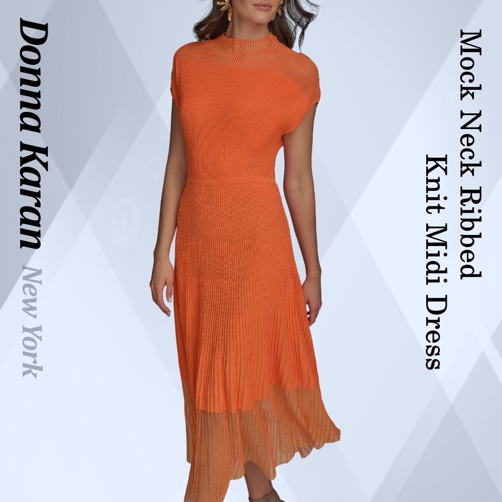 ◆Donna Karan モックネック半袖リブニットミディワンピース