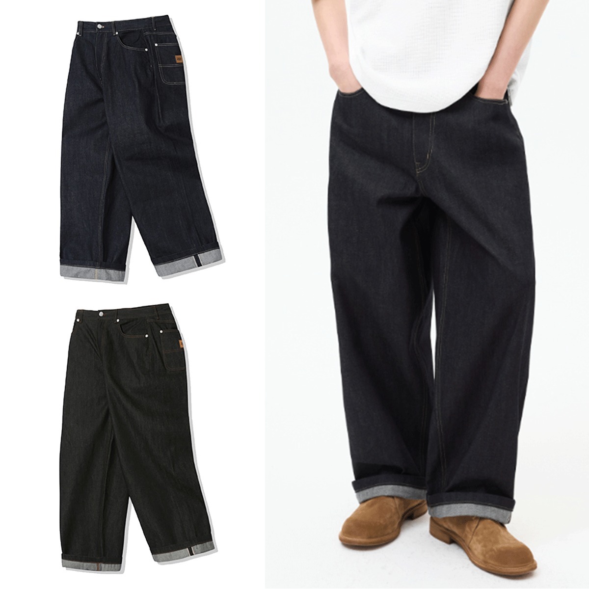 デニム・ジーパン TRILLION LEATHER PATCH SELVEDGE WIDE DENIM PANTS 5SH111