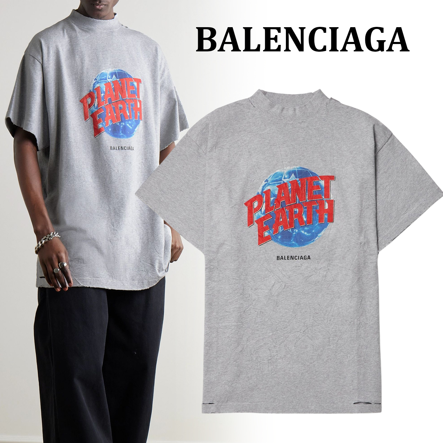 ◆BALENCIAGA◆ ダメージ加工プリントコットンジャージーTシャツ