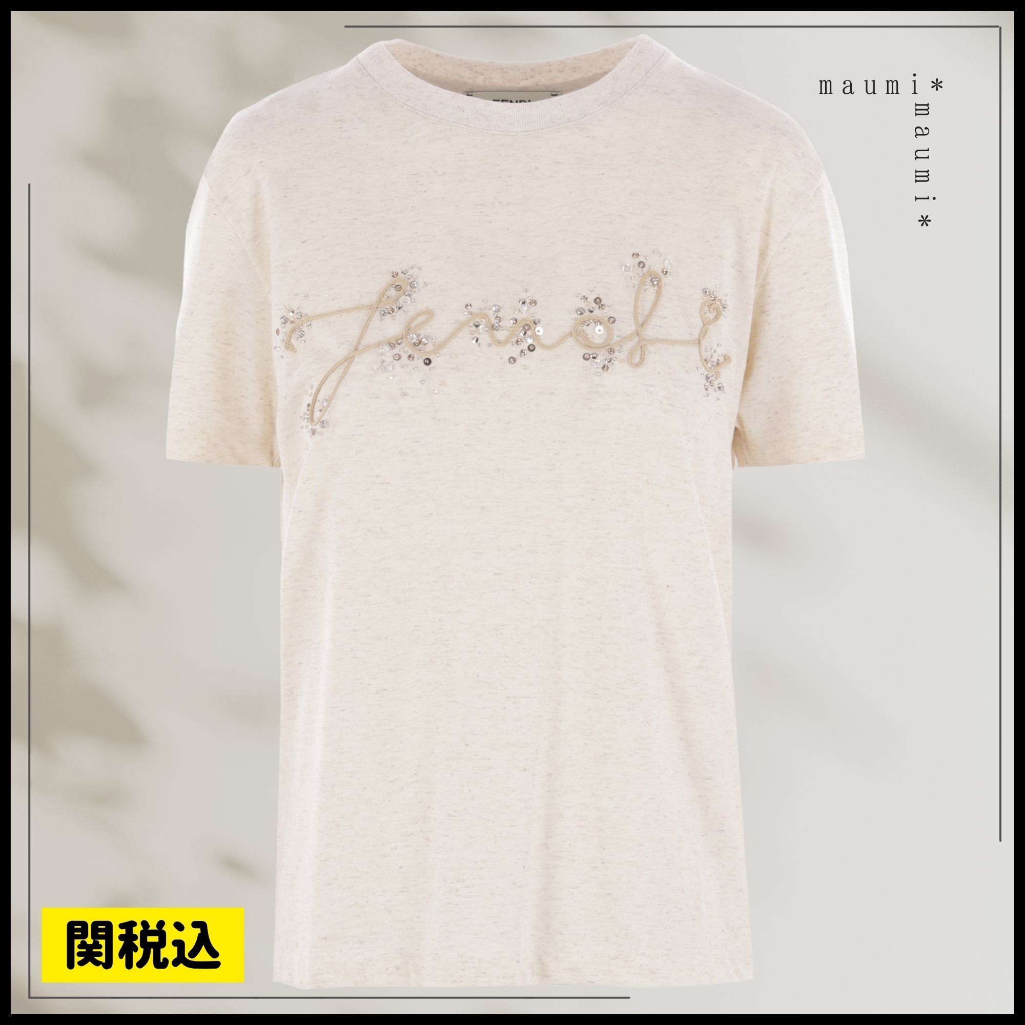 関税込FENDIフェンディ スパンコールコーネリー刺繍ロゴ Tシャツ