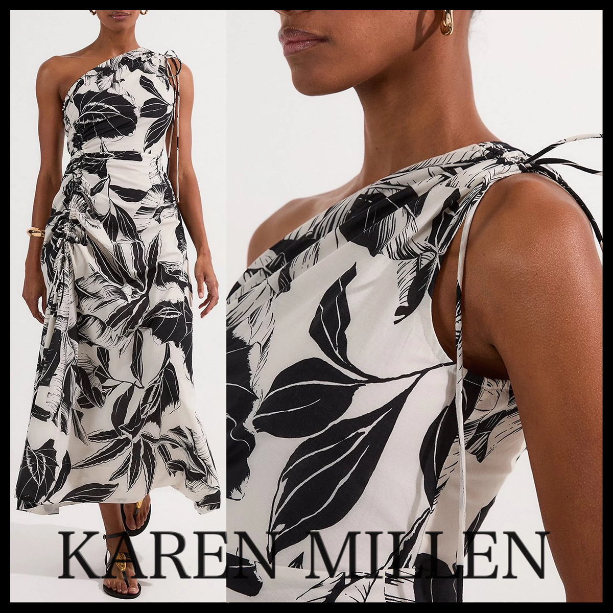 KAREN MILLEN* パーム ボーダー ワンショルダー ドレス
