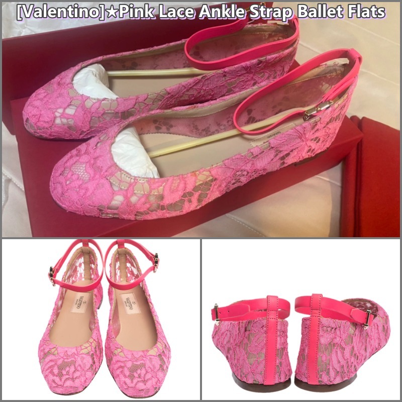 [Valentino]★Pink Lace Ankle Strap Ballet Flats