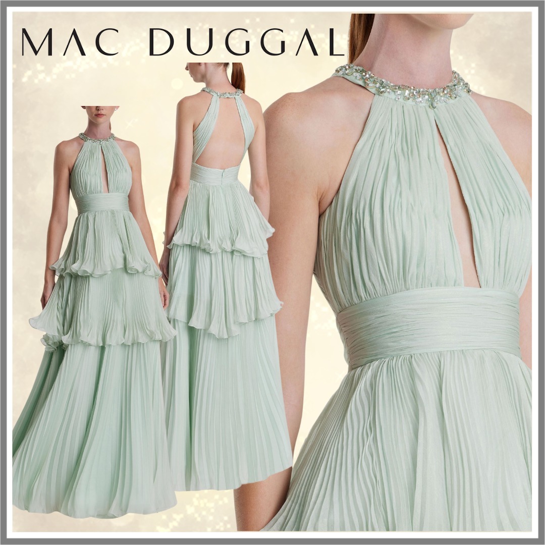 【Mac Duggal】グリーンのハイネックシフォンティアードガウン