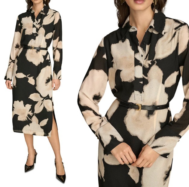 Donna Karan ベルト付き花柄ワンピース