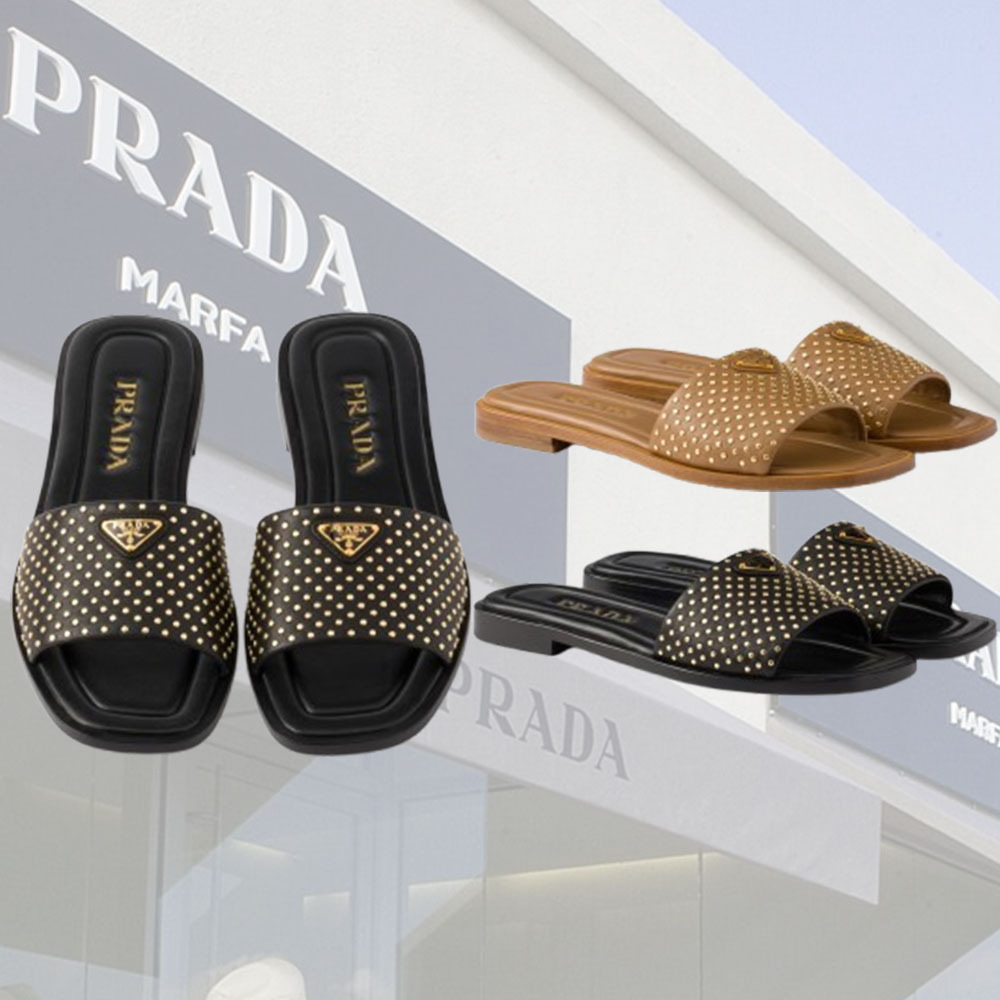 【PRADA】スタッズ付きナッパレザースライド