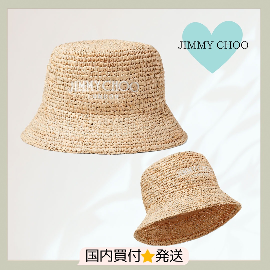 JIMMY CHOO アテナ 刺繍入りNatural ラフィア・バケットハット