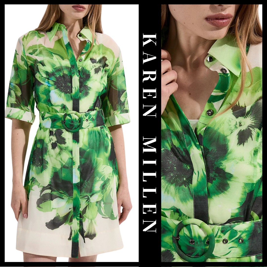 KAREN MILLEN 日本未入荷 花柄 ベルト シャツドレス 水彩画 緑