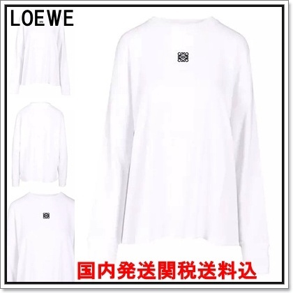 国内発 LOEWE ロゴホワイトコットンクルーネック長袖Tシャツ