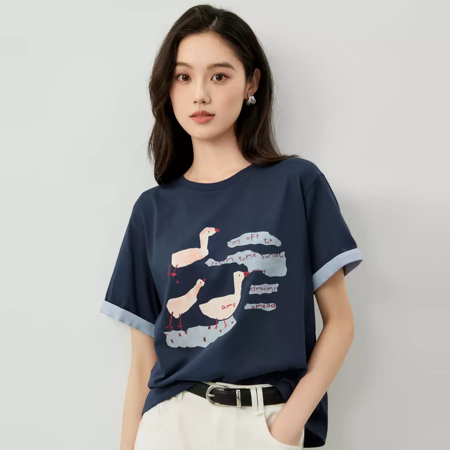 3色 カジュアル 半袖 Uネック アヒルプリント 袖折り返しTシャツ