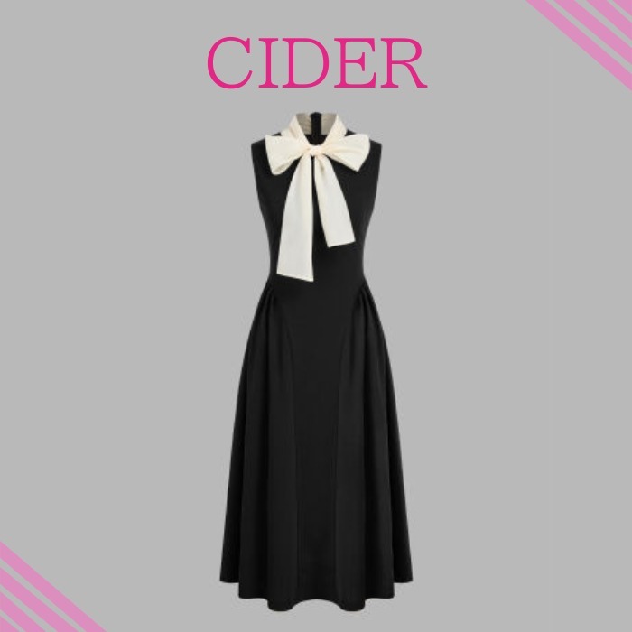 Cider ツートン ボウタイ フリル ミディドレス