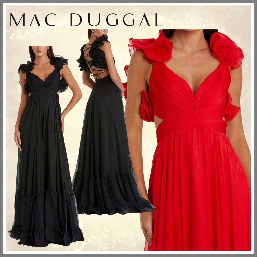【Mac Duggal】ラッフルティアードカットアウトシフォンガウン