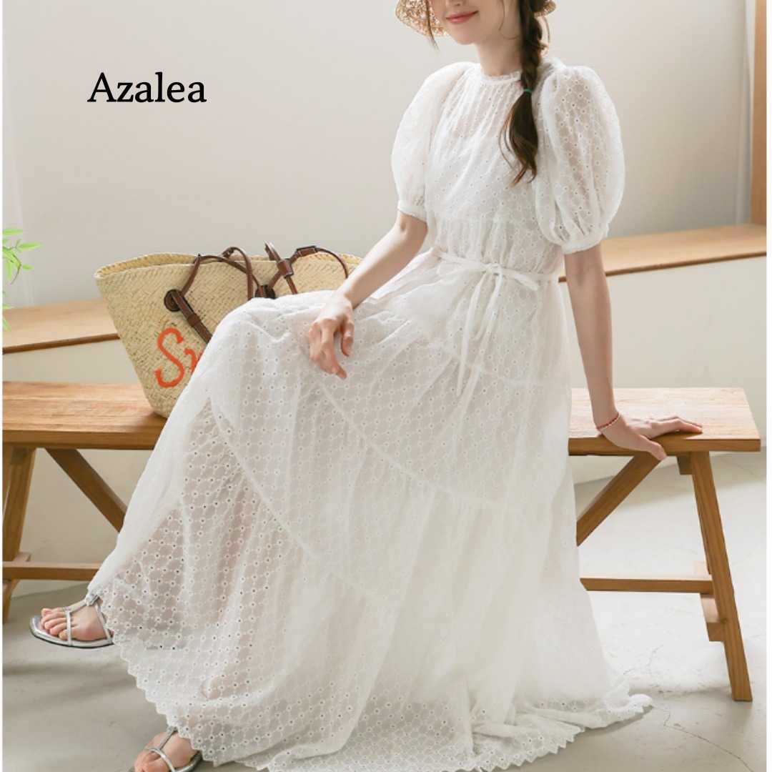 【Azalea】★パンチング 刺繍 コットン ベルト ロング ワンピ★