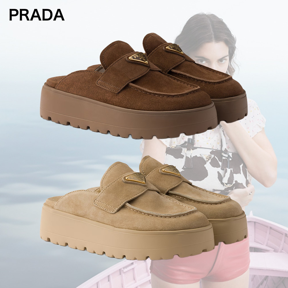 【希少】PRADA ロゴ スエード フラットフォーム ミュール 2色