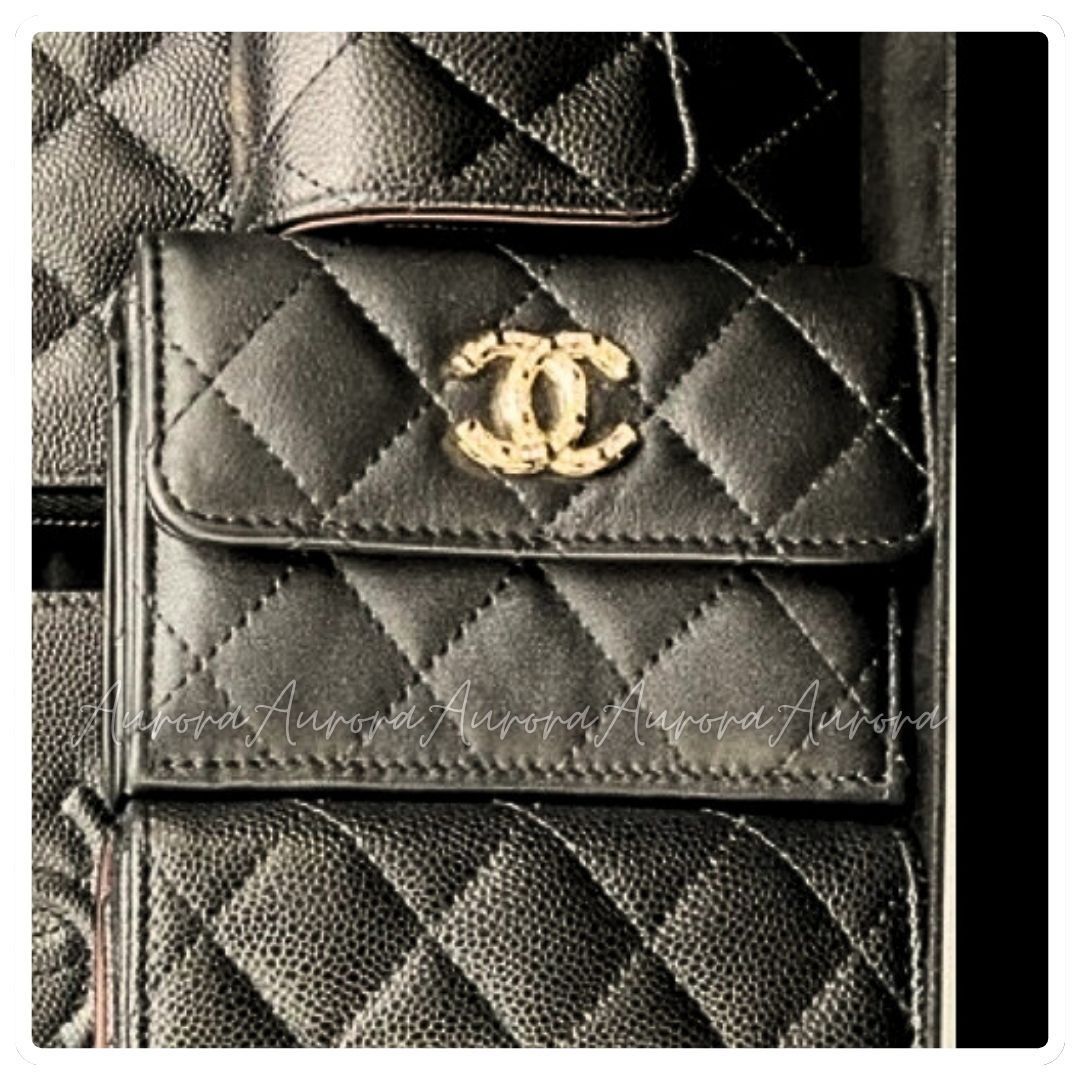 新作_関税無_限定ロゴ_CHANEL_三つ折り_財布__ミニ財布_黒_ラム