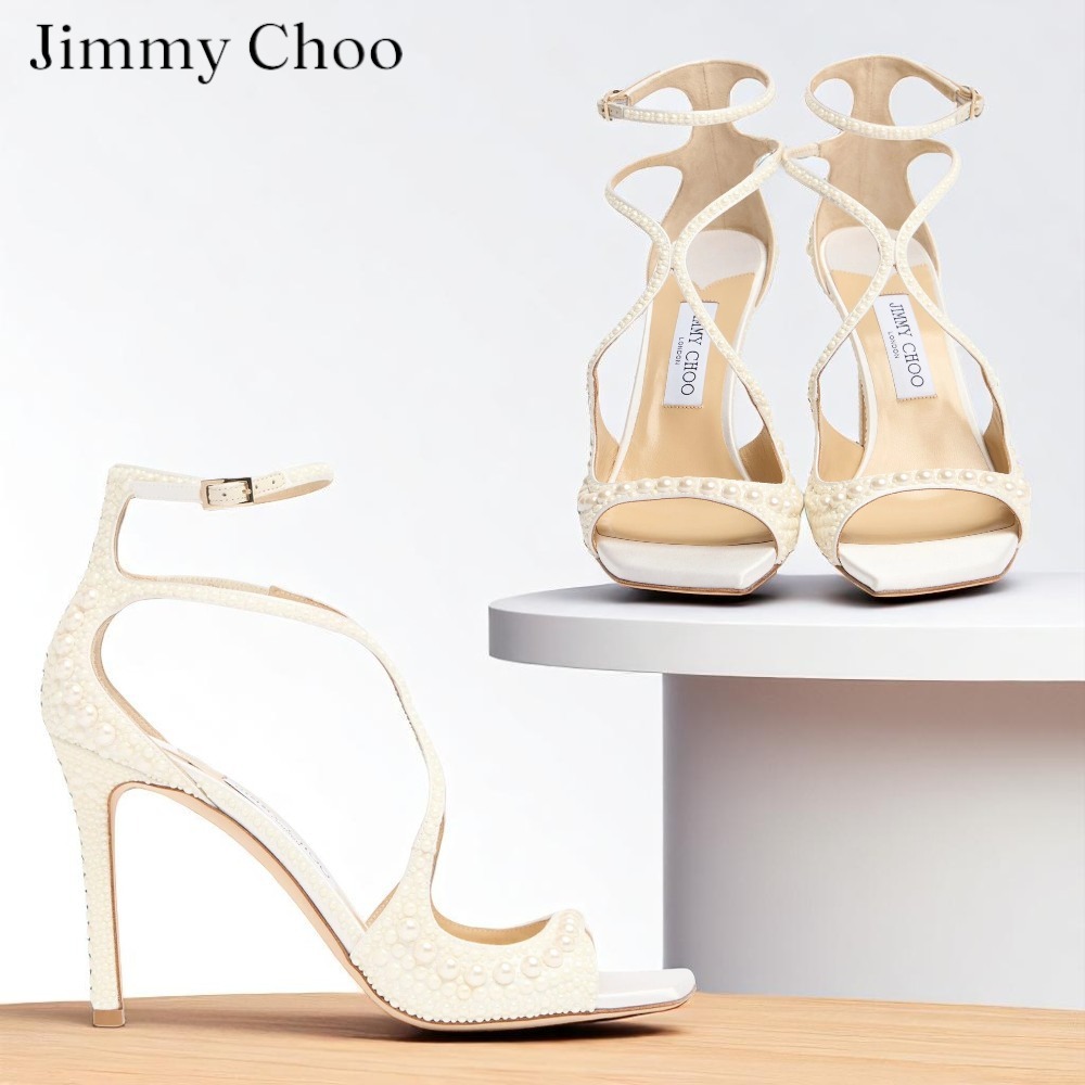 関税込【JIMMY CHOO】Azia レザー＆パールサンダル 95mm☆493