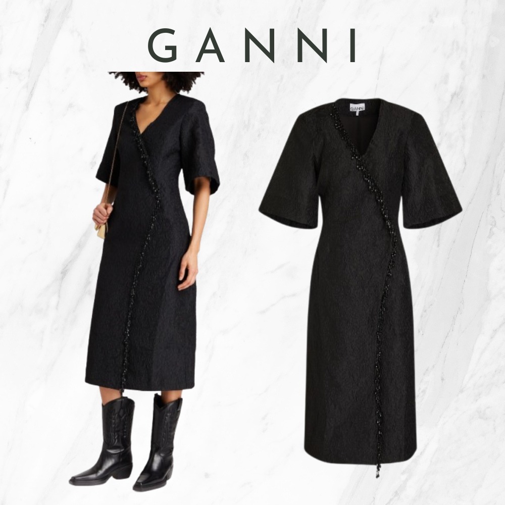 【Ganni】ブラック クロッケ ミディラップドレス ビーズ付き