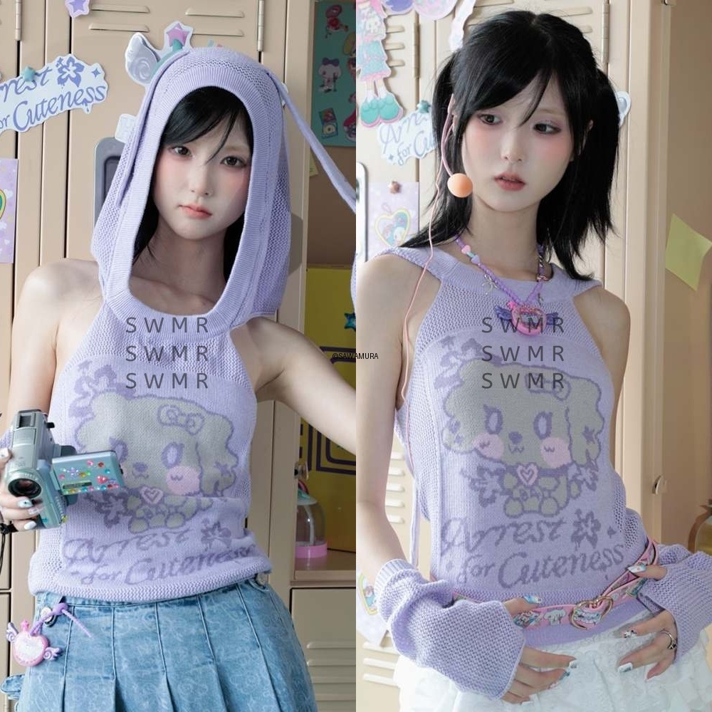 手袋 Hashtag DDD Y2K Backless Hooded Floppy Ear Knit Arm Warmers