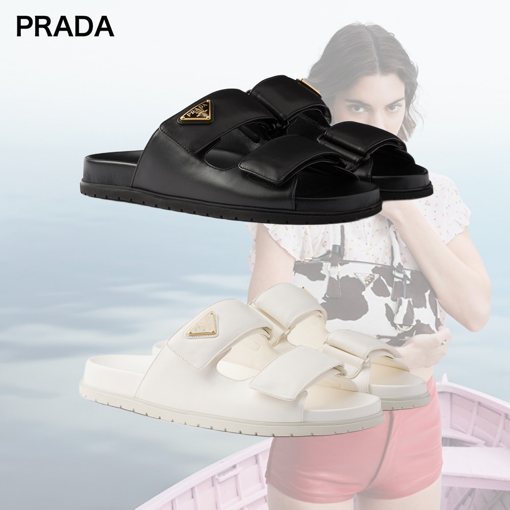 【希少】PRADA ロゴ ラバーソール ナッパレザー スライド 2色