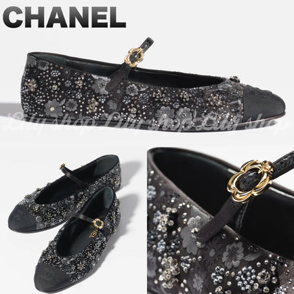 CHANEL ブラック フラットシューズ フラワーモチーフ サイズ38