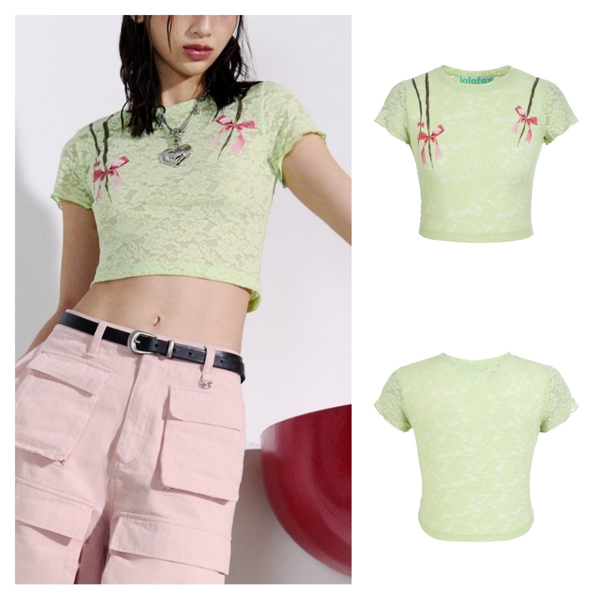 ★lalafox★LACE RIBBON TIE T-SHIRT★Yellow★韓国★大人気★
