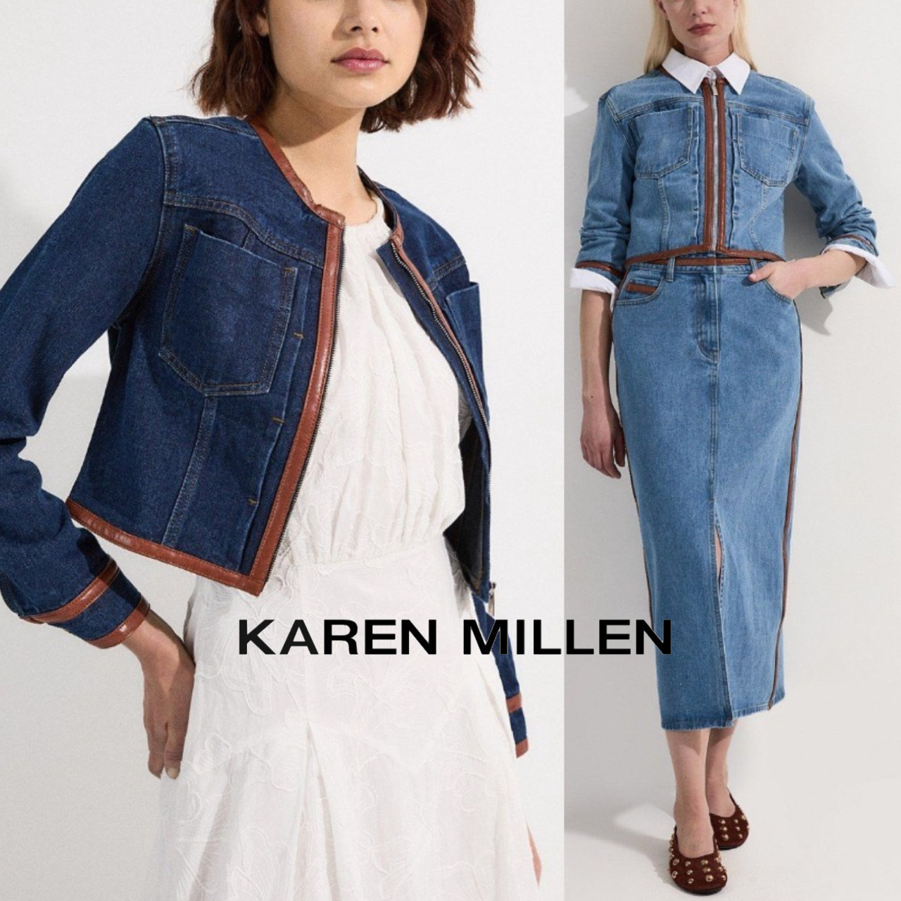英国【Karen Millen】デニム＆フェイクレザー ジャケット